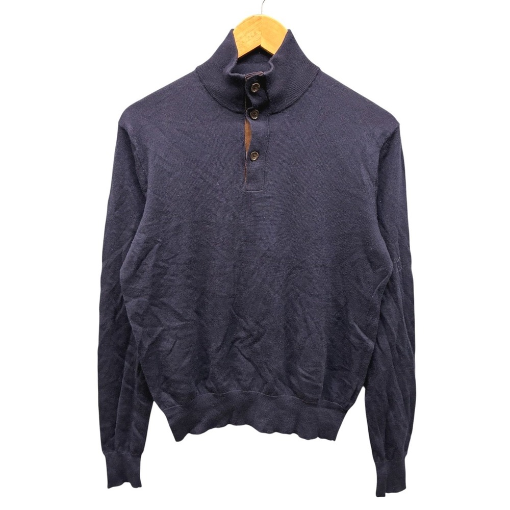 Polo Ralph Lauren Button Mock Neck Pullover Sweater Mens M Navy Blue Merino Wool